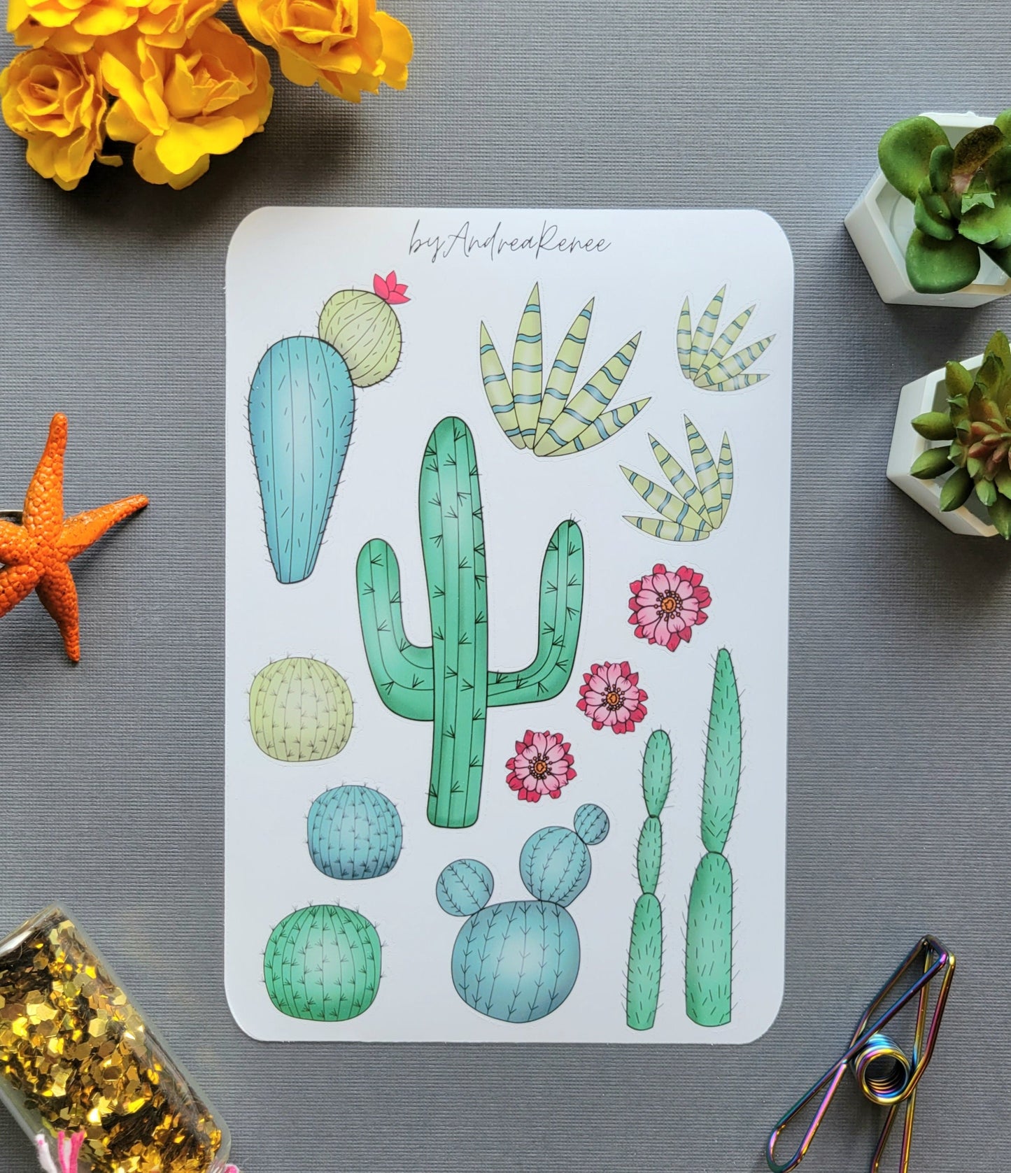 Cactus Plant Sticker Sheet Matte Finish - 13 Stickers