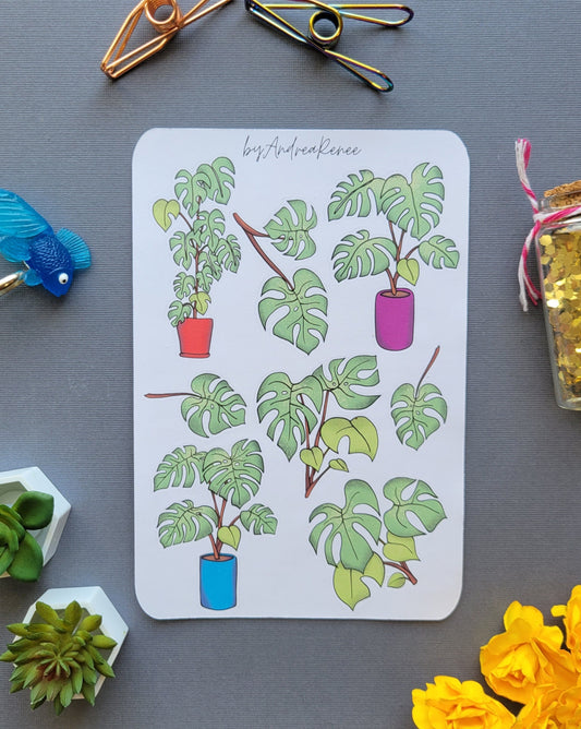 Monstera Plant Sticker Sheet Matte Finish - 8 Stickers