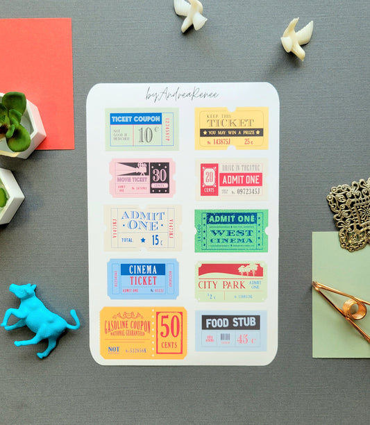 Vintage Ticket Sticker Sheet Matte Finish - 10 Stickers